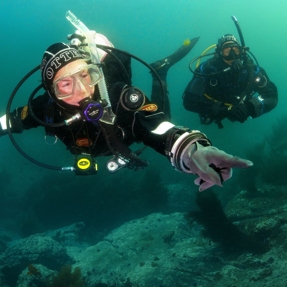 Student diver practicing underwater breathing